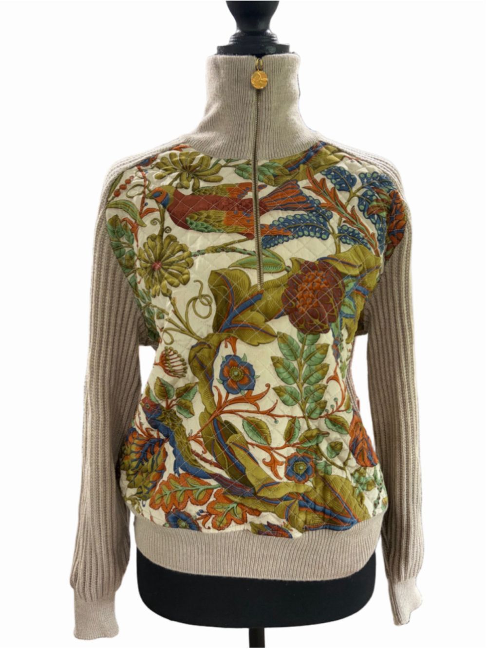 Salvatore Ferragamo Sz S Quilted Silk Floral Bird Print Half-Zip Sweater Italy